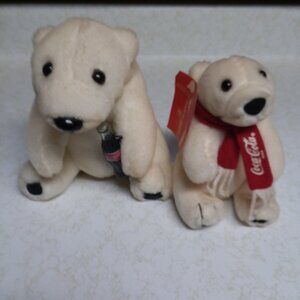 Coca-Cola Plush Polar Bears Lot of 2 Holding Coke Bottle Wearing Scarf 1993 VTN